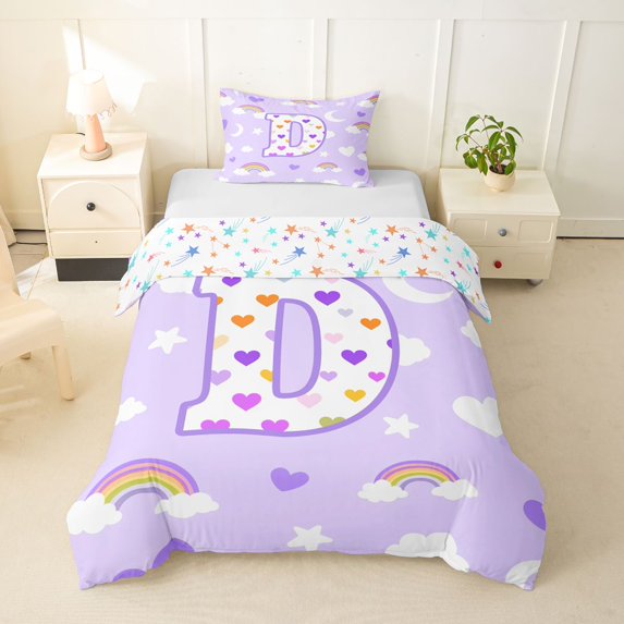 Castle Fairy Rainbow Letter D Twin Bedding for Kids,Love Heart Print Duvet Cover Set,2pcs,No Comforter
