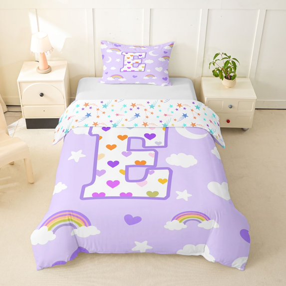 Castle Fairy Rainbow Letter E Twin Bedding for Kids,Love Heart Print Duvet Cover Set,2pcs,No Comforter