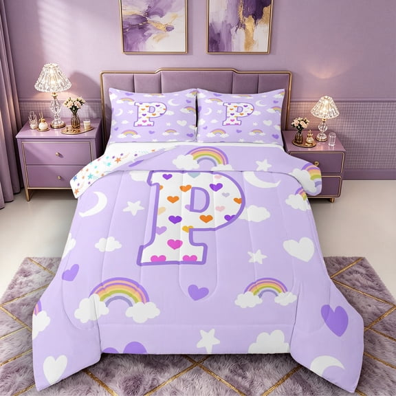 Castle Fairy Rainbow Letter P Queen Comforter Set 3pcs for Kids,Pastel Pattern Bedding Comforter Set for Girls
