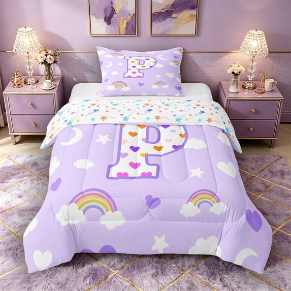 Castle Fairy Rainbow Letter P Twin Comforter Sets 3-Piece for Kids,Pastel Pattern Bedding Set for Girls