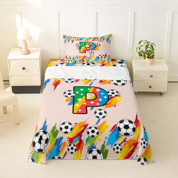 Castle Fairy Soccer Letter P Twin Sheet Sets 3pcs for Boys,Sport Gamer Bedding for Game Room
