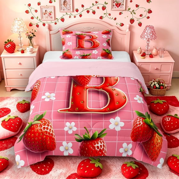 Castle Fairy Strawberry Letter B Twin Comforter Sets 3-Piece for Kids,Red Fruit Bedding Set,Pink Reversible