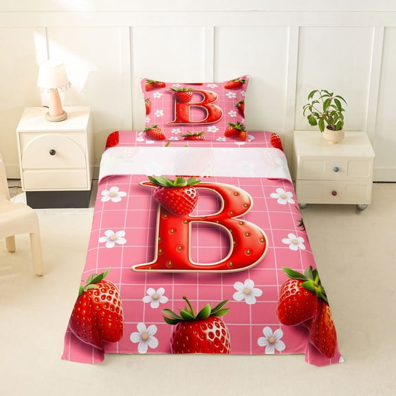 Castle Fairy Strawberry Letter B Twin Sheet Sets 3pcs for Kids,Red Fruit Bedding