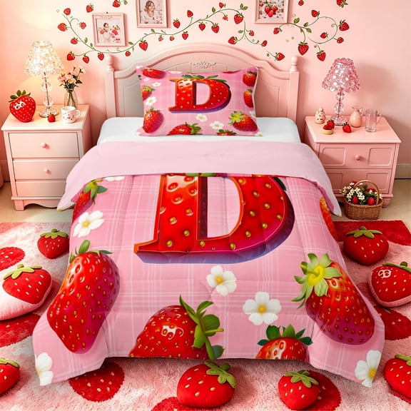 Castle Fairy Strawberry Letter D Twin Comforter Sets 3-Piece for Kids,Red Fruit Bedding Set,Pink Reversible