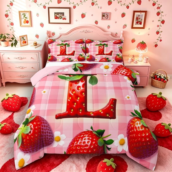 Castle Fairy Strawberry Letter L Queen Comforter Set 3pcs for Kids,Fruit Pattern Bedding Comforter Set,Pink Reversible
