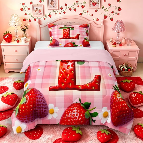 Castle Fairy Strawberry Letter L Twin Comforter Sets 3-Piece for Kids,Fruit Pattern Bedding Set,Pink Reversible