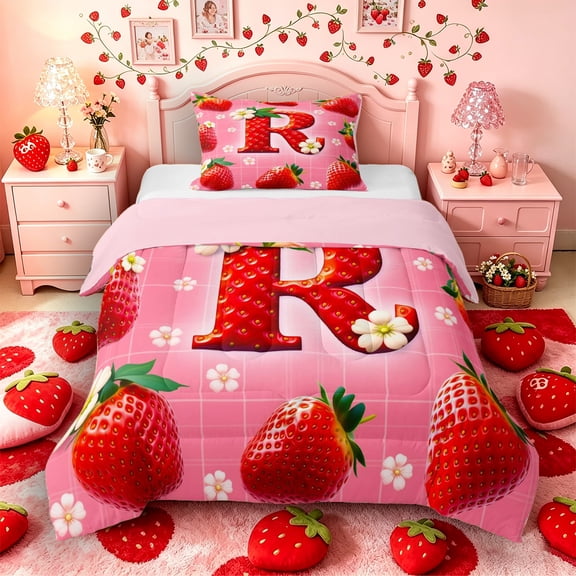 Castle Fairy Strawberry Letter R Twin Comforter Sets 3-Piece for Kids,Red Fruit Bedding Set,Pink Reversible