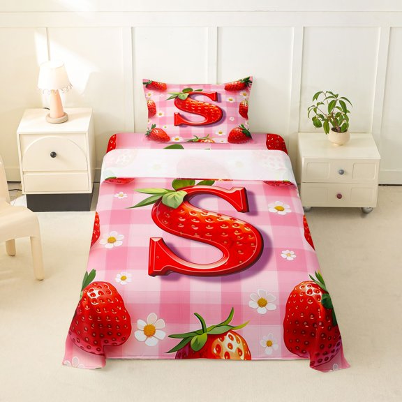 Castle Fairy Strawberry Letter S Twin Sheet Sets 3pcs for Kids,Red Fruit Bedding