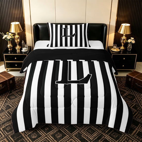 Castle Fairy Striped Letter L Twin Comforter Sets 3-Piece for Adults,Zebra Print Bedding Set for Modern Decor,Black Reversible