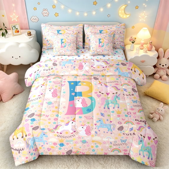 Castle Fairy Unicorn Letter B Bedding Comforter Set 7 Pieces for Kids,Kawaii Animal Full Bedding Set
