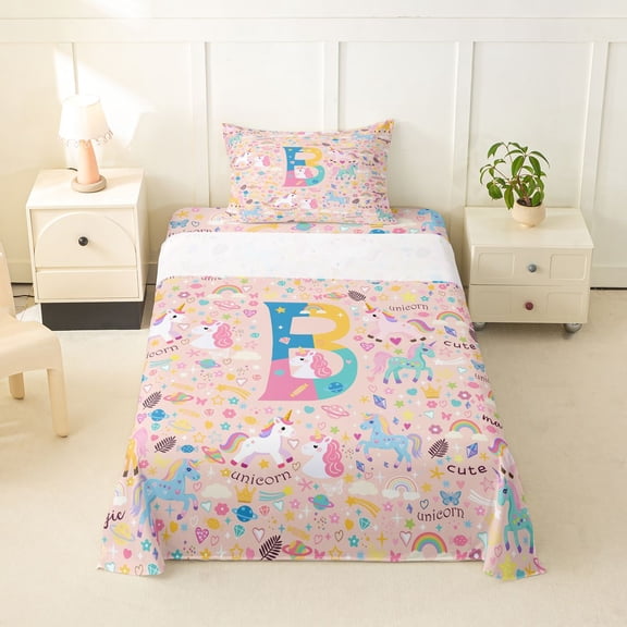 Castle Fairy Unicorn Letter B Twin Sheet Sets 3pcs for Kids,Kawaii Animal Bedding