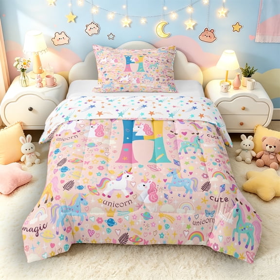 Castle Fairy Unicorn Letter H Twin Comforter Sets 3-Piece for Kids,Pastel Pattern Bedding Set for Girls