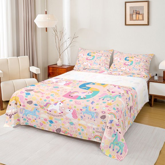 Castle Fairy Unicorn Letter S Full Size Sheets 4-Piece for Kids,Kawaii Animal Bed Sheets