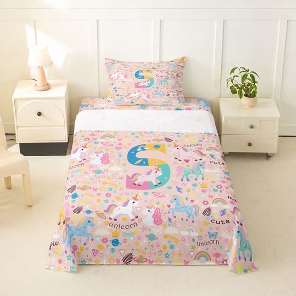 Castle Fairy Unicorn Letter S Twin Sheet Sets 3pcs for Kids,Kawaii Animal Bedding