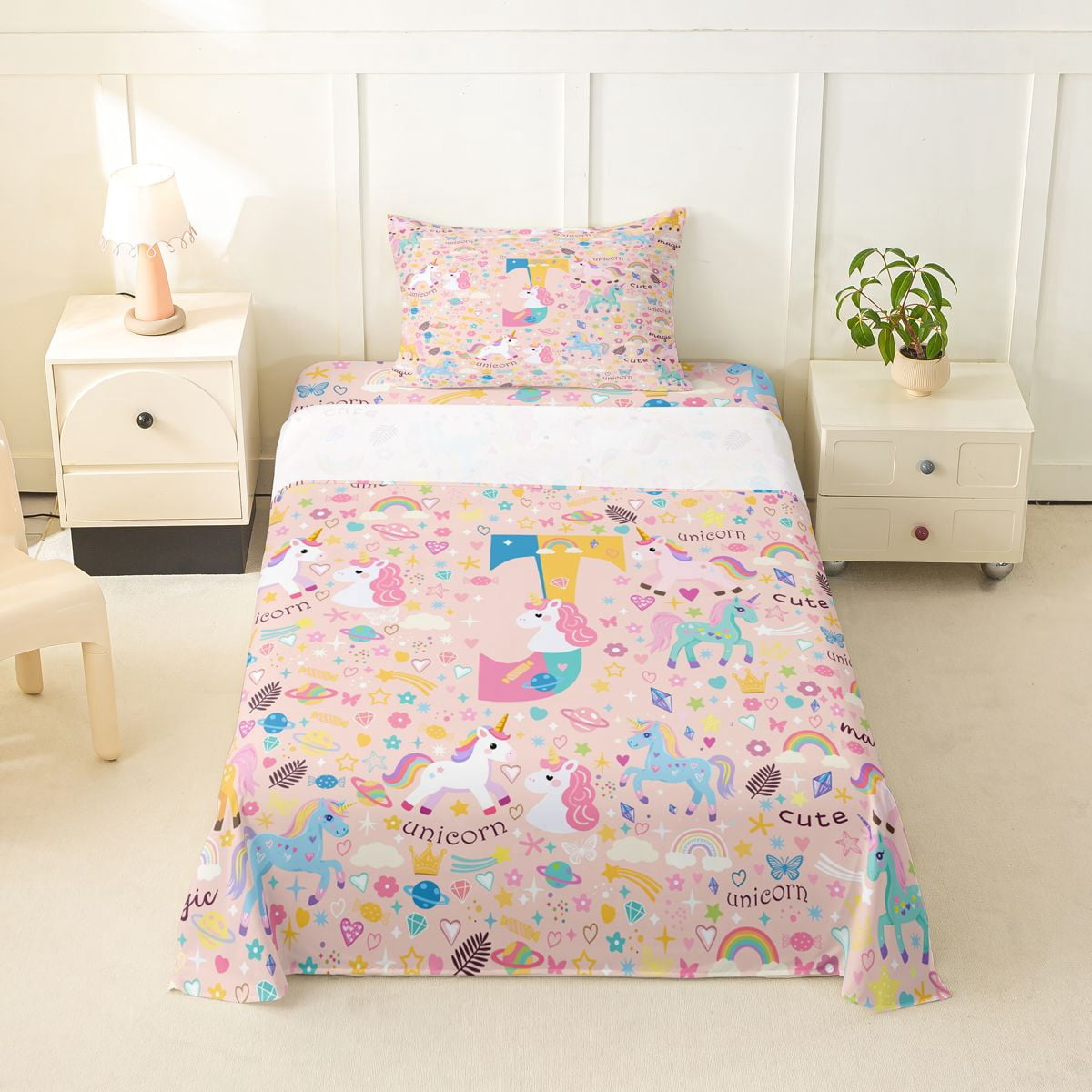 Castle Fairy Unicorn Letter T Twin Sheet Sets 3pcs for Kids,Kawaii ...