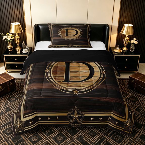 Castle Fairy Western Wood Letter D Twin Comforter Sets 3-Piece for Adults,Vintage Texas Star Bedding Set for Home Decor,Black Reversible