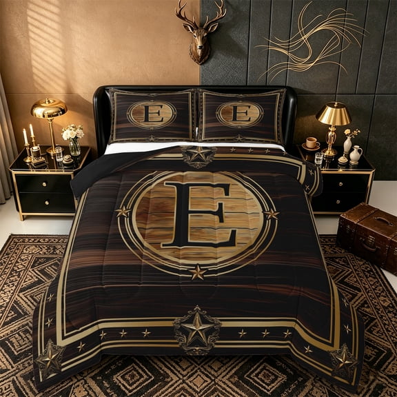Castle Fairy Western Wood Letter E Full Size Comforter Sets 3 Pieces for Adults,Texas Star Bedding Sets,Black Reversible