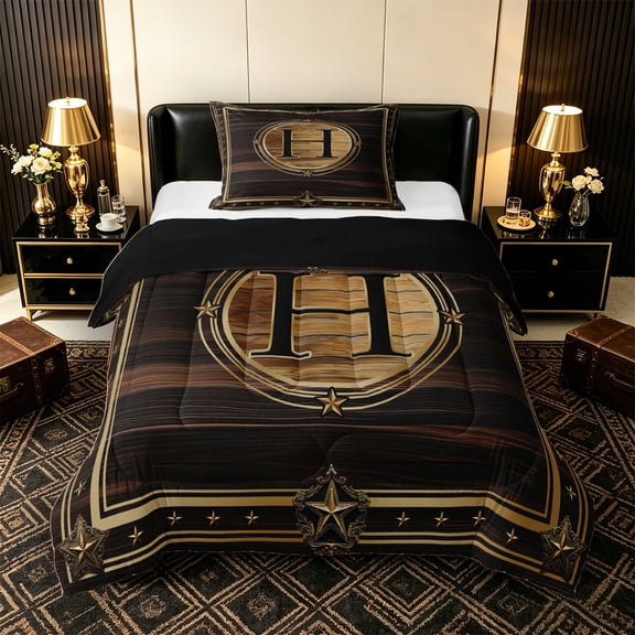 Castle Fairy Western Wood Letter H Twin Comforter Sets 3-Piece for Adults,Vintage Texas Star Bedding Set for Home Decor,Black Reversible