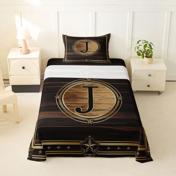 Castle Fairy Western Wood Letter J Twin Sheet Sets 3pcs for Adults,Vintage Texas Star Bedding