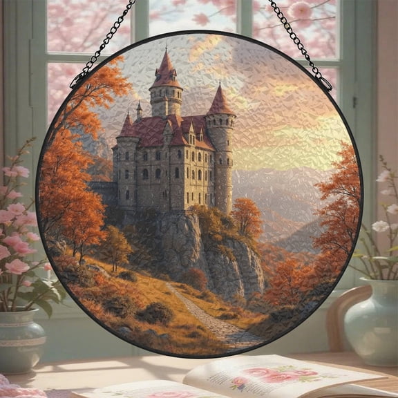 Castle Fantasy Landscape Stained Glass Window Hanging 8 Inch Suncatcher Glass Panel with Chain Round Sun Catchers Indoor Wall Art Home Decor Gift for Lovers Couples Women Mother's Day