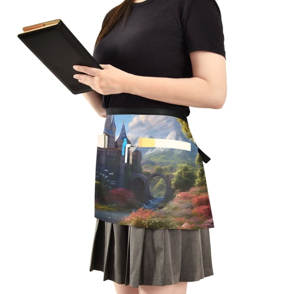 Castle Full Of Flowers Server Apron with 3 Pockets Waist Apron for Waiter Waitress