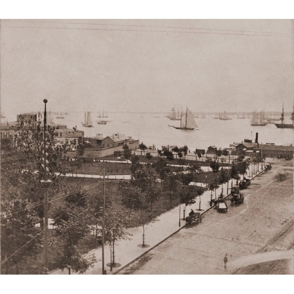 Castle Garden Immigration Station Showing The Original Circular Fort And Newer Outbuildings To Accommodate The Growing Flow Of Immigrants In The Last Decade Of The 19Th Century. Ships At Anchor In New