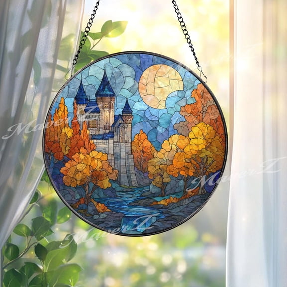 Castle Glass Suncatcher, Fantasy Window Hanging Art, Autumn Landscape Glass Decor, Fairytale Home Decoration Gift, Suncatcher Window Hanging, 3.5 in