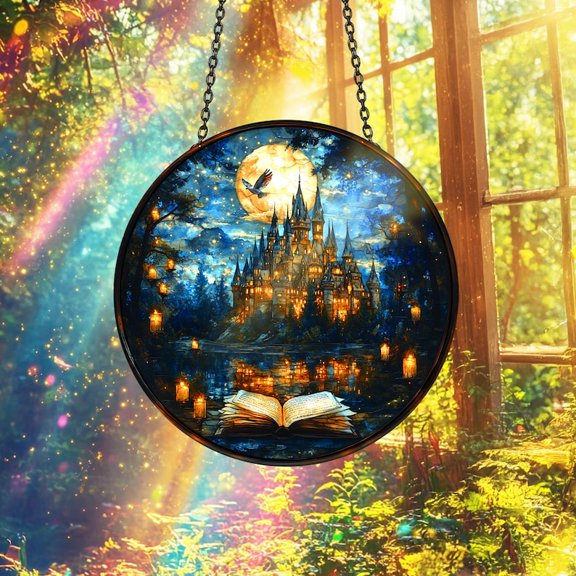 Castle Glass Window Hanging Decoration Magical Book Art Home Decoration Fairytale Suncatcher Round Wall Decor