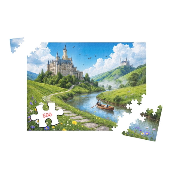 Castle on The Green Hills Under The Clouds Jigsaw Puzzle 20.5x15 Inch 500 Pieces Landscape Art for Adults Home Decor Relaxation Stress Relief Challenging Brain Teaser Game