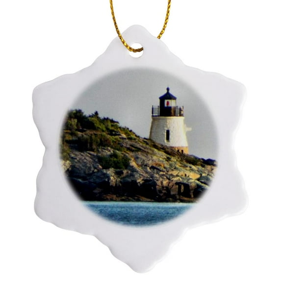 3drose, Castle Hill Lighthouse Behind a Rocky Shoal, 3 inch Snowflake Porcelain Ornament