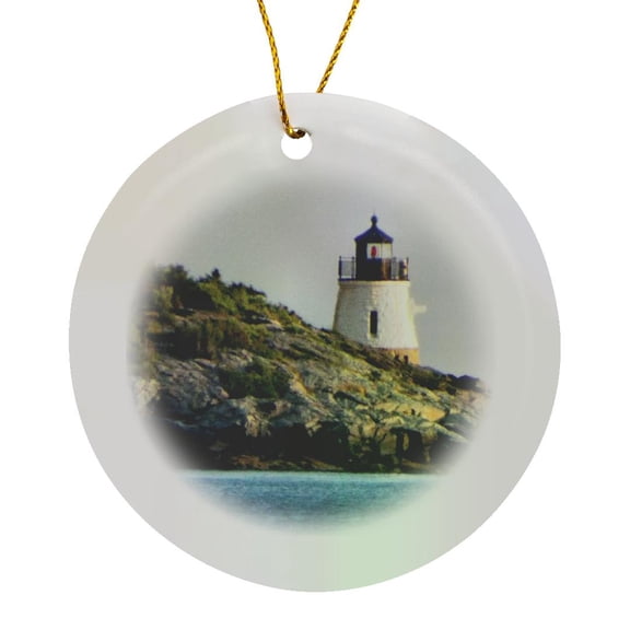 3drose, Castle Hill Lighthouse Behind a Rocky Shoal, Circle Porcelain Ornament