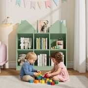 Castle & House Design Kids Bookshelf & Toy Organizer - 3-Column 2-Tier, 4 Book Racks, 6 Cubbies, Dollhouse Shelf for Playroom, Nursery, Bedroom - Green