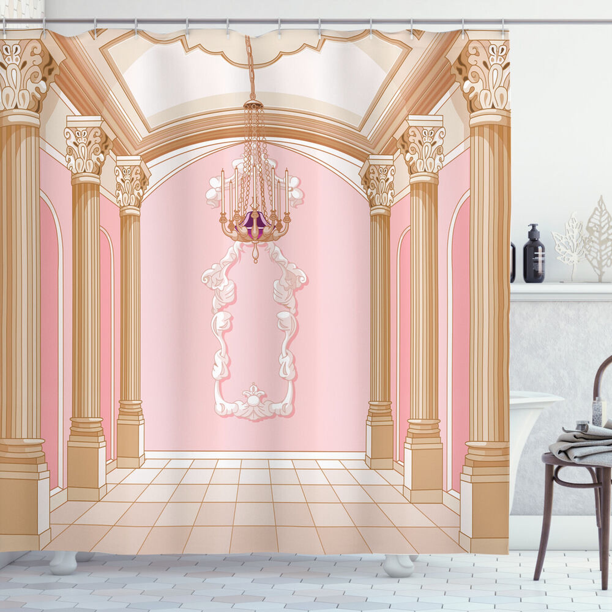 CastleInspired Pink Shower Curtain Chandelier Regal Bathroom Upgrade