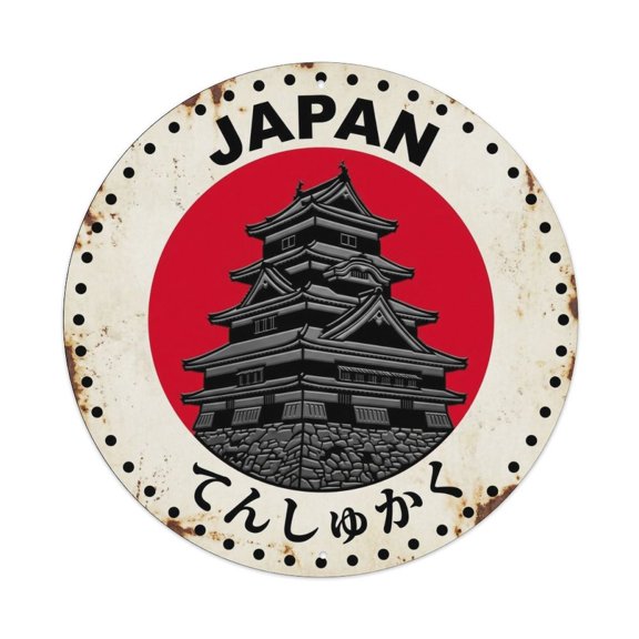 Castle Keep Japan Fortress Tower Building Aged Vintage Metal Tin Sign Plaque Wall Decor for Cafe, Club, Garden Round Metal Poster 8x8Inch