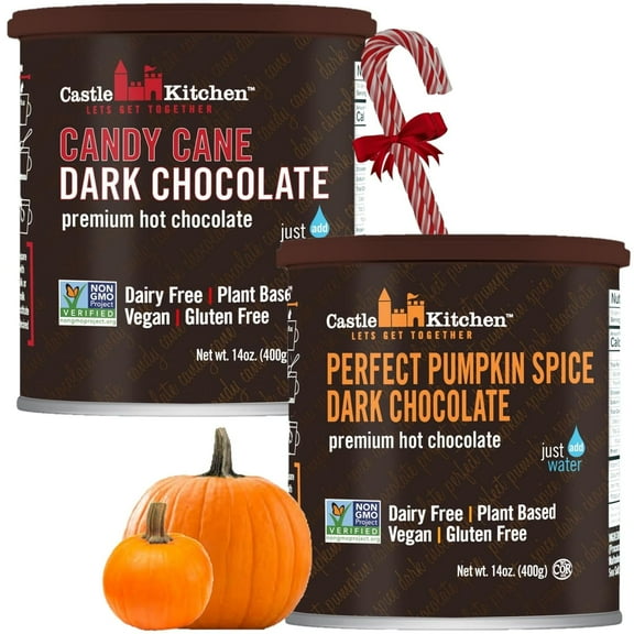 Castle Kitchen Candy Cane & Pumpkin Hot Chocolate Combo (1 of Each) - Winter Favorites - Dairy Free, Vegan Hot Cocoa Mix made W Decadent Dark Chocolate and Natural Flavors - No Artificial Sweeteners