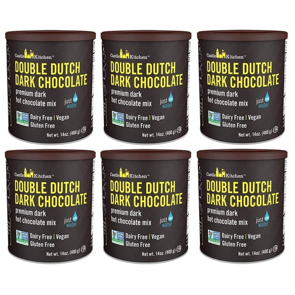 Castle Kitchen Double Decadent Dark Hot Chocolate (6 Pack) Premium Plant Based, Dairy Free, Gluten-Free, Vegan Hot Cocoa Mix - Just Add Water - 14 oz Can (84 total Ounces)