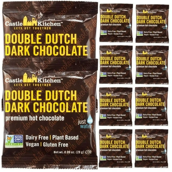 Castle Kitchen Hot Chocolate Sachets (10 Count) - Single Serve On The Go Hot Cocoa - Just Add Water - Dairy Free, Vegan 1oz Bulk Packets For A 6 oz Cup - With Real Chocolate, Not Chocolate Flavor