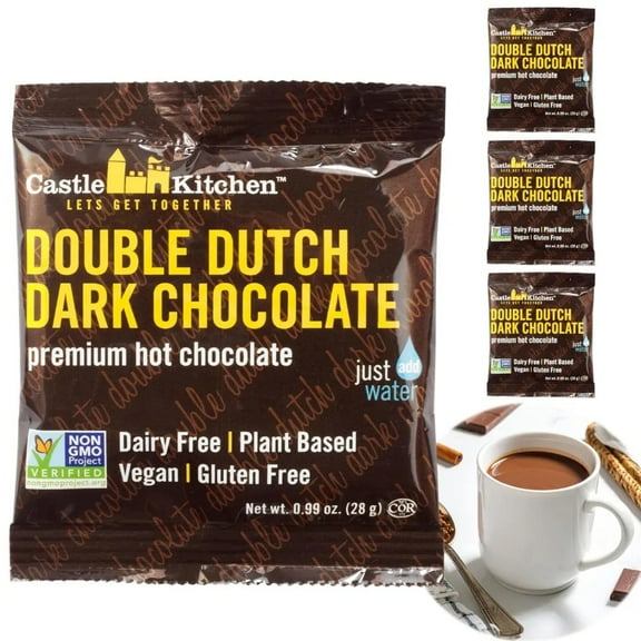 Castle Kitchen Hot Chocolate Packets, 1oz Single Serve Mix (4 Pack) Rich & Creamy Hot Cocoa, Dairy-Free, Gluten-Free, Vegan Friendly, On-the-Go Travel Packets, Easy to Make, Perfect for Kids & Adults