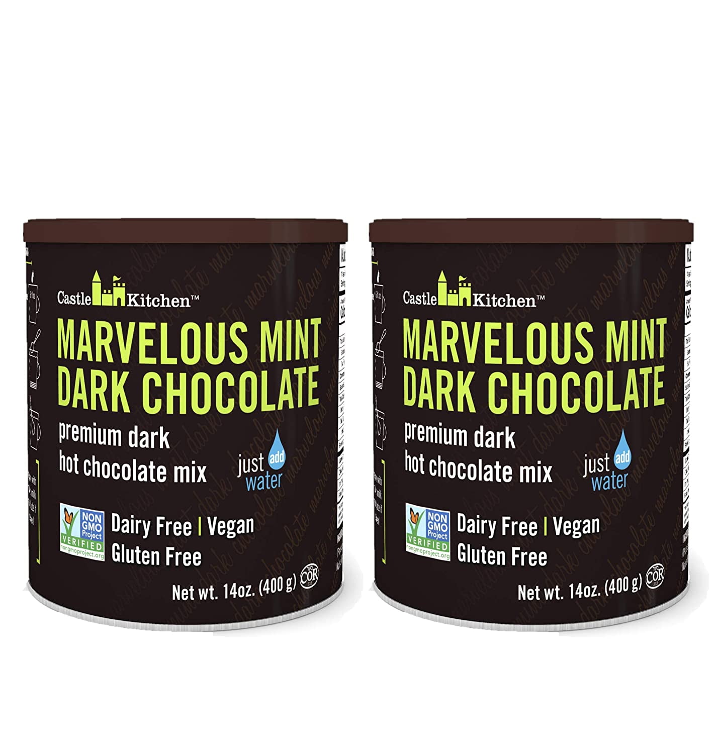 Castle Kitchen Marvelous Mint Dark Chocolate - Winter Favorite - Dairy-Free, Vegan Premium Hot Chocolate Mix - Just Add Water - 14 oz (Pack of 2)