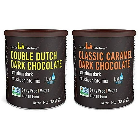Castle Kitchen Natural Hot Chocolate Mix Variety Pack - Winter Favorites - Dairy-Free, Vegan Complete Mixes - Pack of 2 (Classic Caramel Dark Chocolate & Double Decadent Dark Chocolate) 14 oz Each