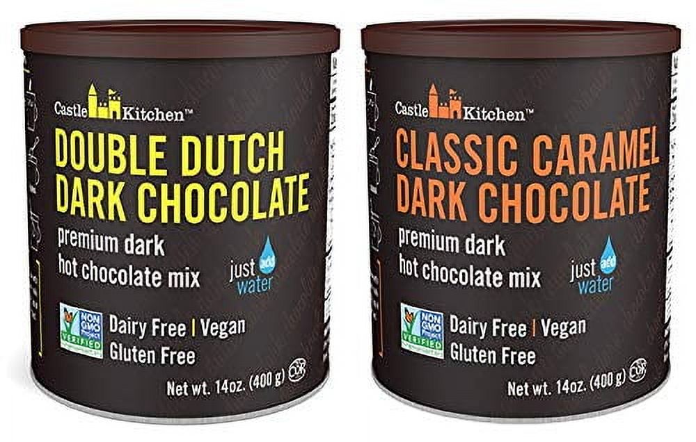 Mezcla de chocolate caliente natural Castle Kitchen, paquete variado - Favoritos de invierno - Mezclas completas sin lácteos y veganas - Paquete de 2 (chocolate oscuro con caramelo clásico y chocolate oscuro doblemente decadente) 14 oz cada uno