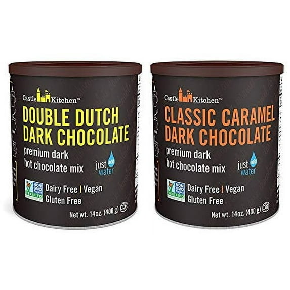 Castle Kitchen Natural Hot Chocolate Mix Variety Pack - Winter Favorites - Dairy-Free, Vegan Complete Mixes - Pack of 2 (Classic Caramel Dark Chocolate & Double Decadent Dark Chocolate) 14 oz Each