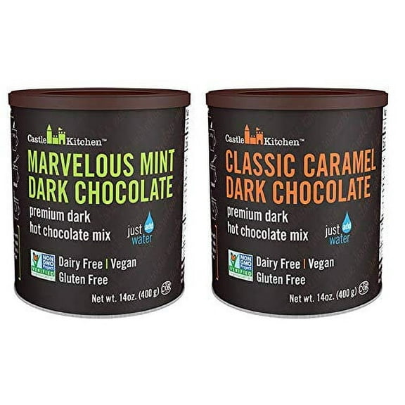 Castle Kitchen Natural Hot Chocolate Mix Variety 2-Pack - Winter Favorites - Dairy-Free, Vegan Complete Mixes - (Classic Caramel Dark Chocolate & Marvelous Mint Dark Chocolate) 14 oz Each