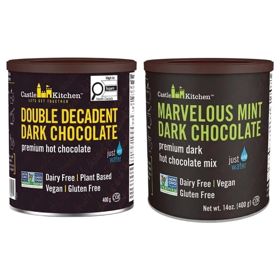 Castle Kitchen Natural Hot Chocolate Mix Variety Pack - Dairy-Free, Vegan Complete Mixes - Winter Favorites - Pack of 2 (Double Decadent Dark Chocolate & Marvelous Mint Dark Chocolate) 14 oz Each