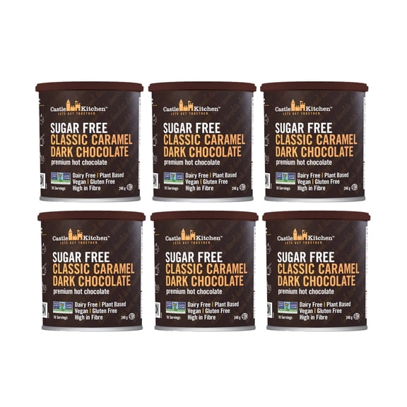 Castle Kitchen Sugar Free Caramel Premium Dark Hot Chocolate Mix (6 Pack, 48oz Total) - Winter Favorites - Vegan, Dairy Free, Allergy Friendly, Plant Based - Keto and Diabetic Friendly