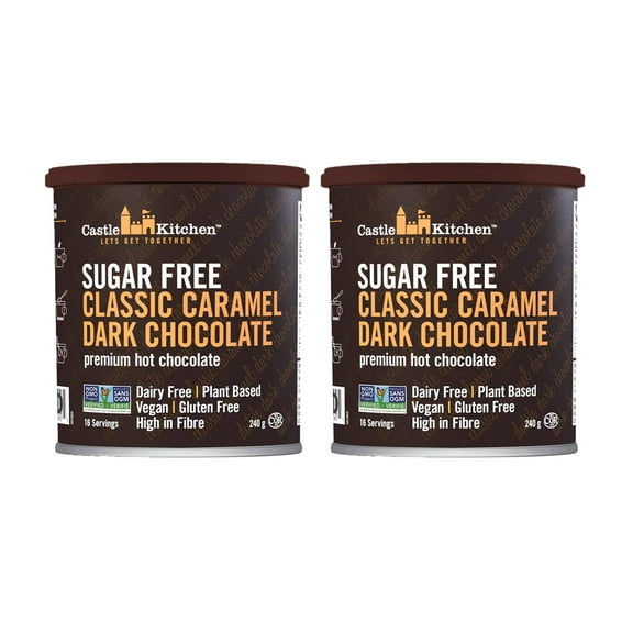 Castle Kitchen Sugar Free Classic Caramel Premium Dark Hot Chocolate Mix 2 Pack (8 oz each) - Winter Favorites - Vegan, Dairy Free, Plant Based - Keto & Diabetic - Mix Milk Substitute