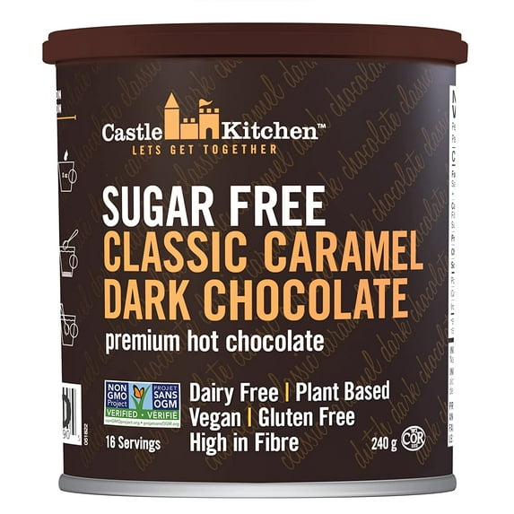 Castle Kitchen Sugar Free Classic Caramel Premium Dark Hot Chocolate Mix (8 oz) - Winter Favorite - Vegan, Dairy Free, Plant Based - Keto & Diabetic - Mix with Milk Substitute - Good Source of Fiber