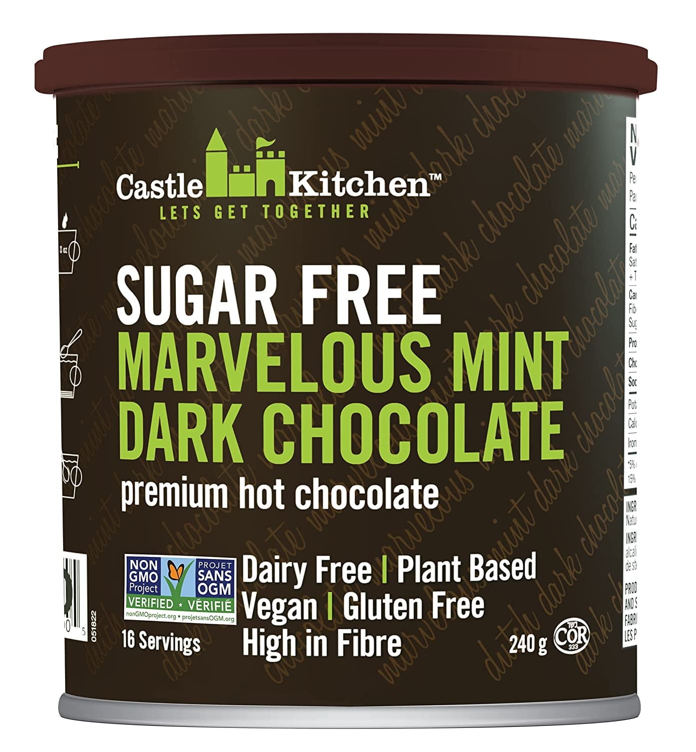 Castle Kitchen Sugar Free Marvelous Mint Premium Dark Hot Chocolate Mix with Monkfruit (8 oz) - Vegan, Dairy Free, Plant Based - Keto \u0026 Diabetic - Mix with Milk Substitute - Good Source of Fiber