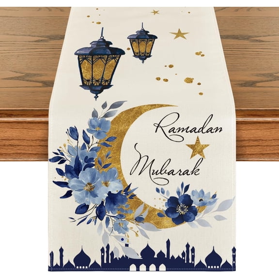 Castle Lantern Flower Ramadan Table Runner, Seasonal Kitchen Dining Table Decoration for Home Party Decor 13x72 Inch