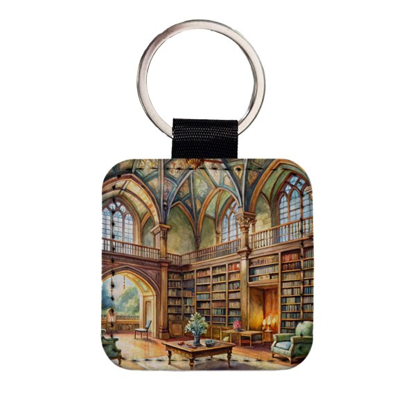 Castle Library Books Reading Watercolor Faux Leather Square Keychain